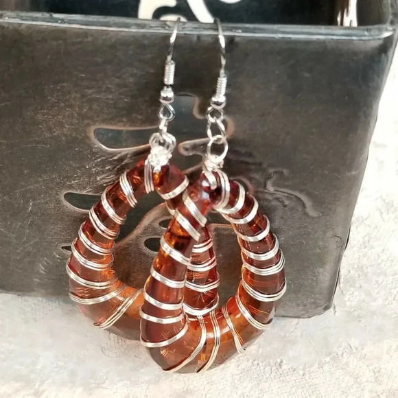 Handcrafted Retro 80s Statement Orange Lucite Open Teardrop Wire Wrap Earrings - Picture 4 of 5
